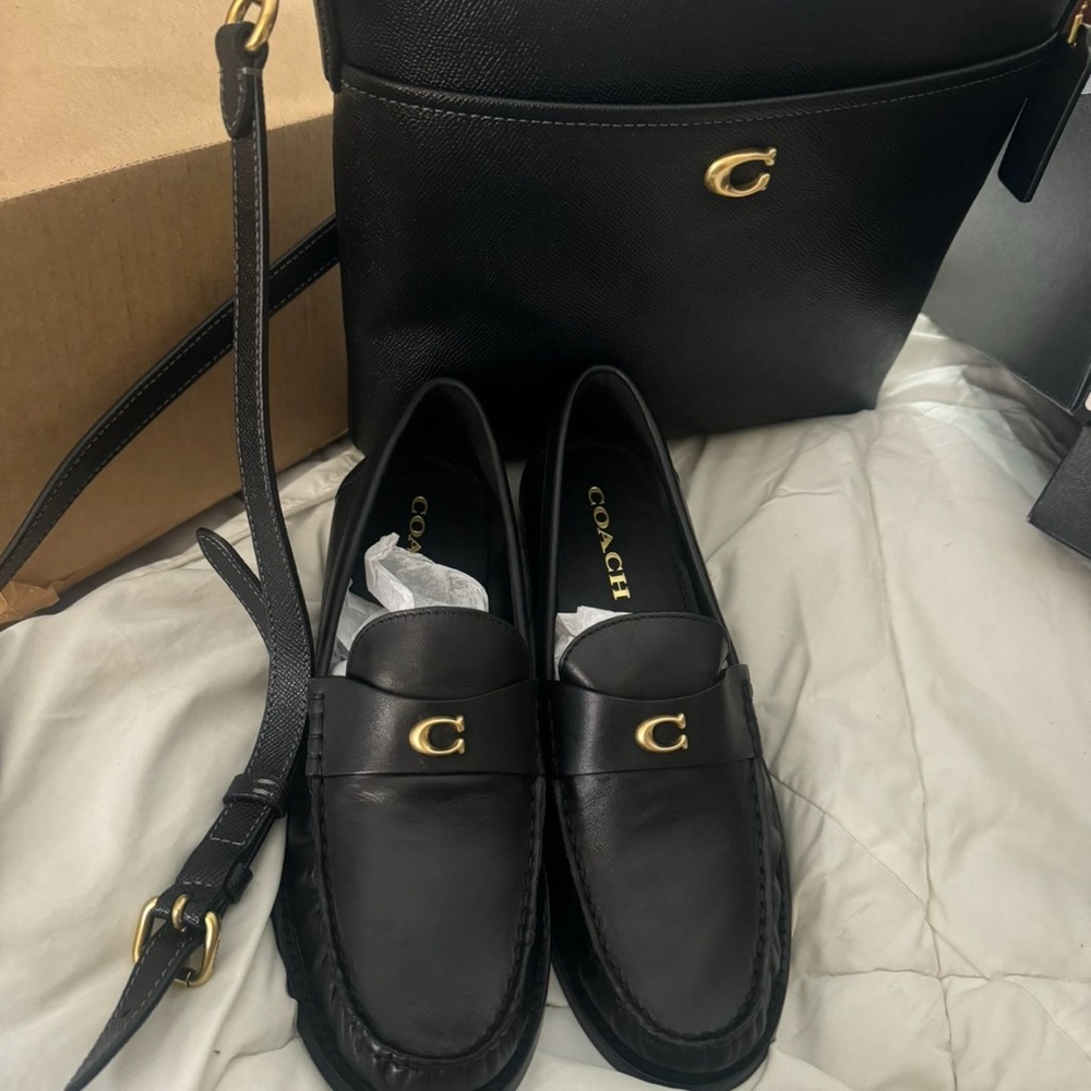 Coach Black Leather Loafers with Gold Accent